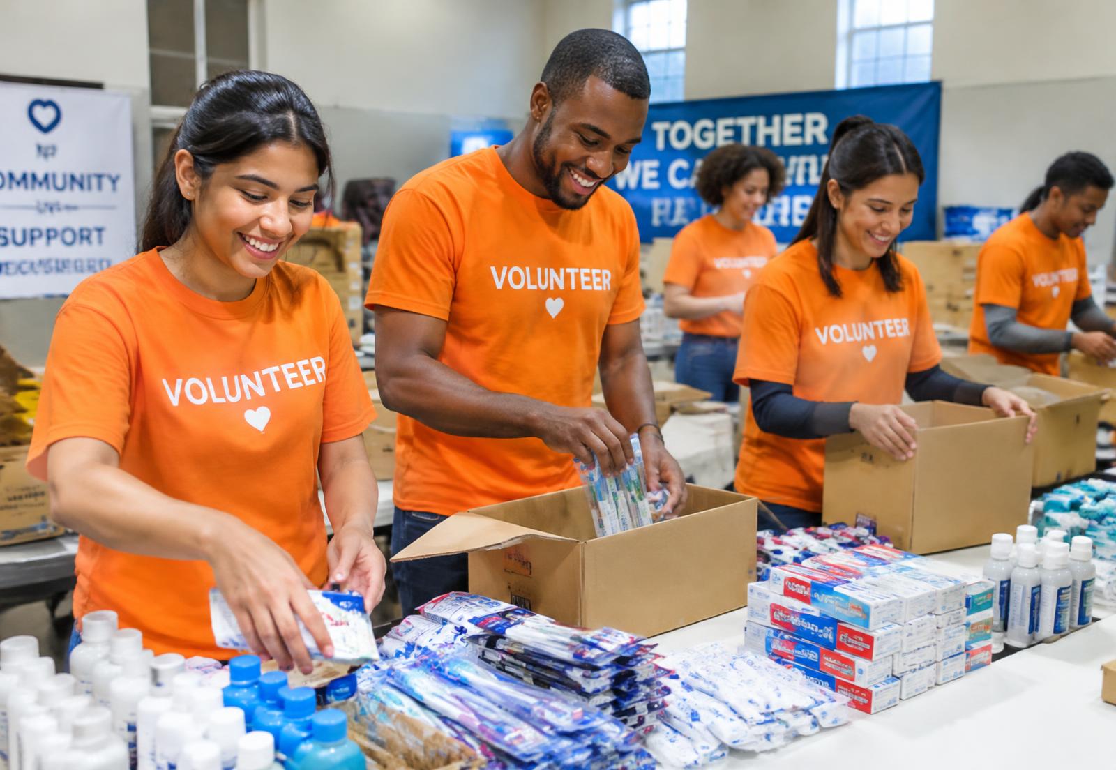 Volunteers packing hygiene kits
