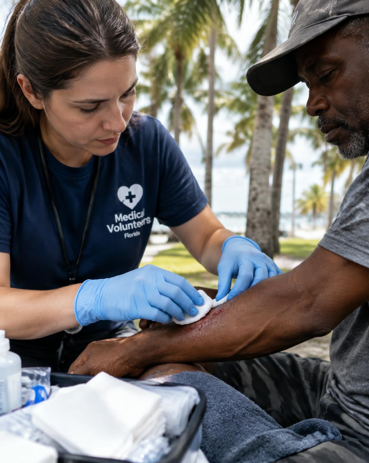 Volunteer cleaning a wound outdoors